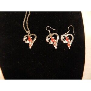 Cute Red Bird Love Heart Necklace 18ins Long & Earring Set.